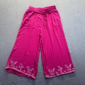 Juniper & Lime Women's Pants Size XL Pink Floral Embroidery Wide Leg Cropped